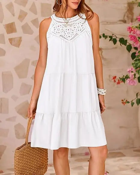 Crochet Lace Neckline Sleeveless Tent Mini Dress Boho Mini | Chuzko.com