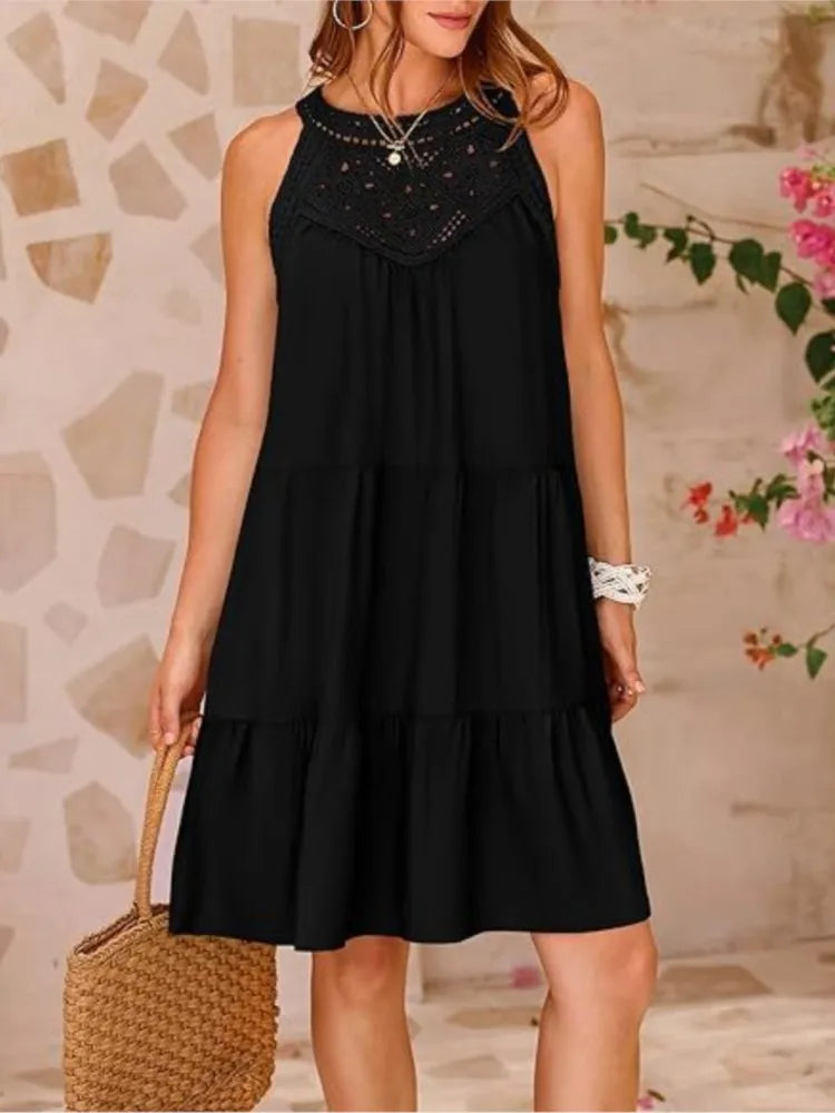 Crochet Lace Neckline Sleeveless Tent Mini Dress Boho Mini | Chuzko.com