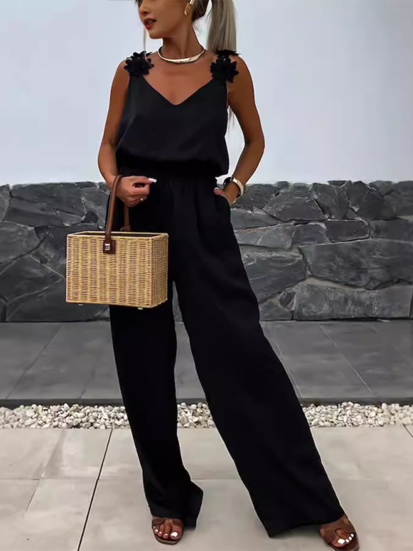 Wide-Leg Cami Blouson Jumpsuit with Floral Applique Jumpsuits | Chuzko.com