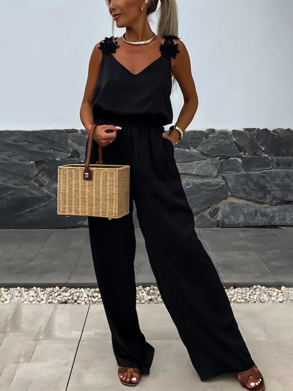 Wide-Leg Cami Blouson Jumpsuit with Floral Applique Jumpsuits | Chuzko.com