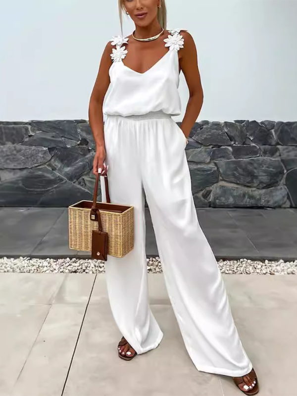 Wide-Leg Cami Blouson Jumpsuit with Floral Applique Jumpsuits | Chuzko.com