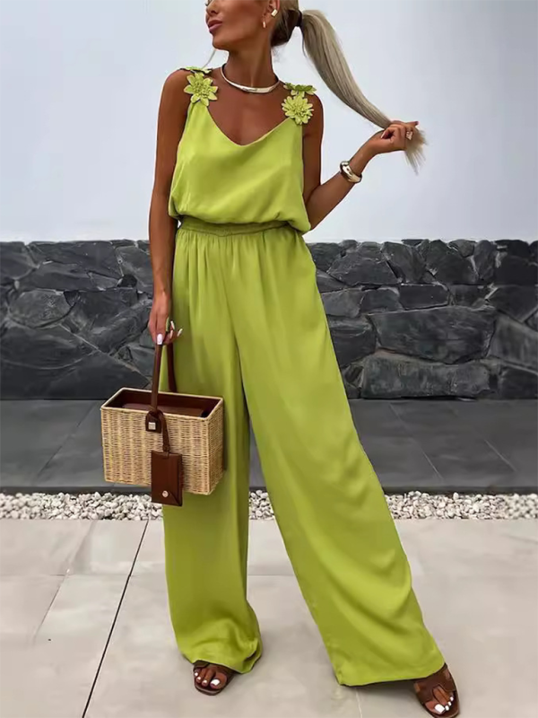 Wide-Leg Cami Blouson Jumpsuit with Floral Applique Jumpsuits | Chuzko.com