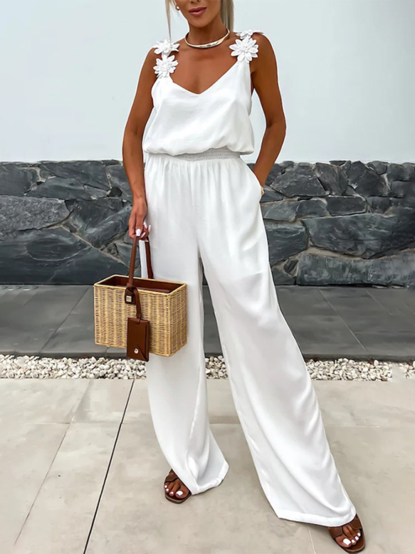 Wide-Leg Cami Blouson Jumpsuit with Floral Applique Jumpsuits | Chuzko.com