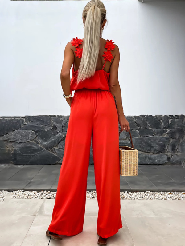 Wide-Leg Cami Blouson Jumpsuit with Floral Applique Jumpsuits | Chuzko.com