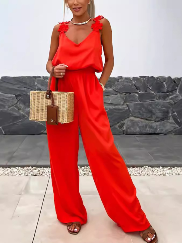 Wide-Leg Cami Blouson Jumpsuit with Floral Applique Jumpsuits | Chuzko.com