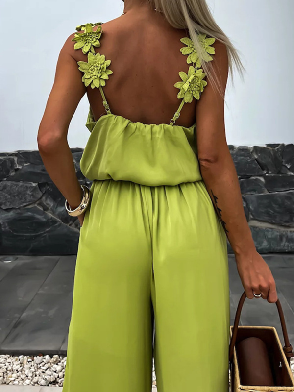 Wide-Leg Cami Blouson Jumpsuit with Floral Applique Jumpsuits | Chuzko.com