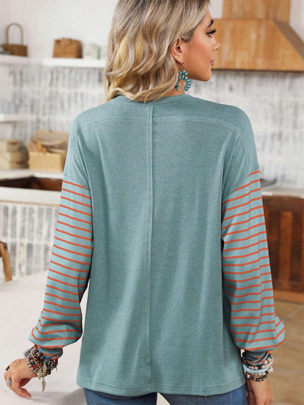 Lantern Sleeve Striped Pullover Relaxed Tee T-Shirts | Chuzko.com