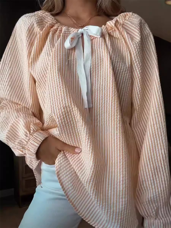 Vertical Stripe Tie-Neck Blouse Loose Blouses | Chuzko.com