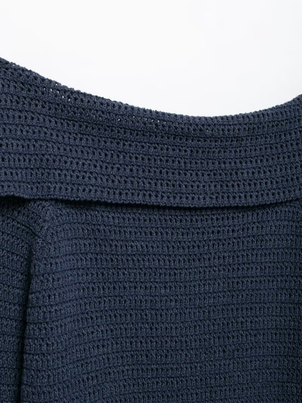 Fall Shoulder-Baring Top Navy Cropped Knitwear Knit Tops | Chuzko.com