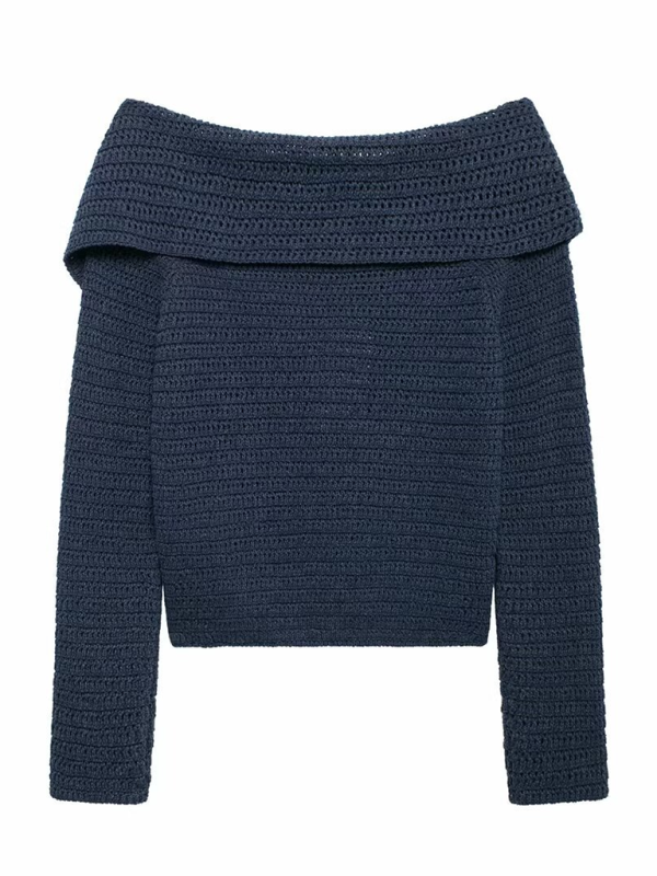 Fall Shoulder-Baring Top Navy Cropped Knitwear Knit Tops | Chuzko.com