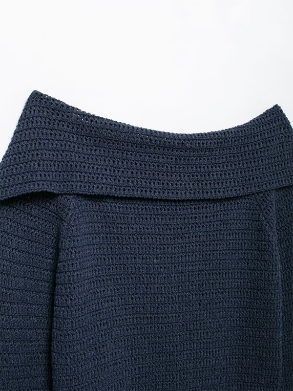 Fall Shoulder-Baring Top Navy Cropped Knitwear Knit Tops | Chuzko.com