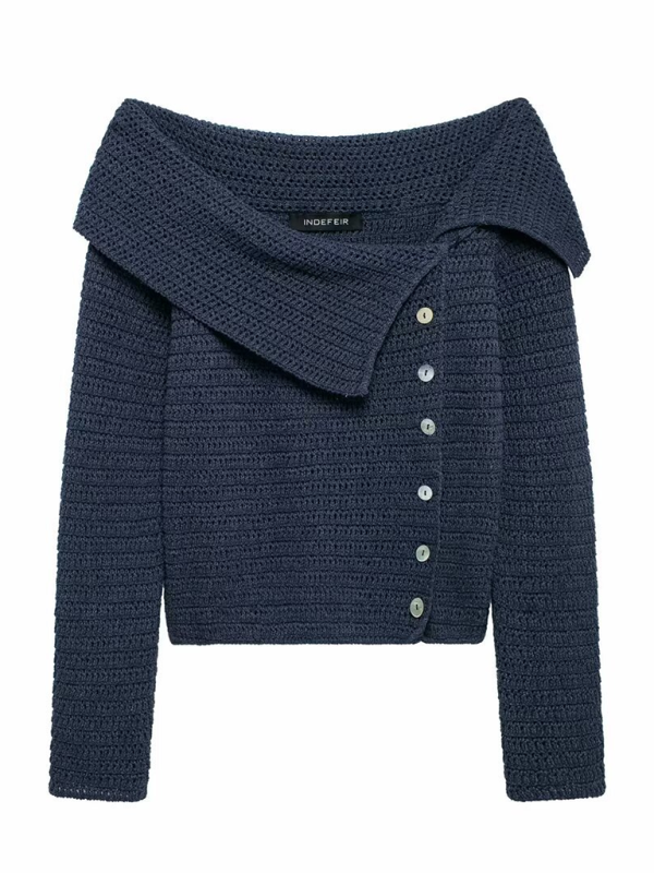 Fall Shoulder-Baring Top Navy Cropped Knitwear Knit Tops | Chuzko.com