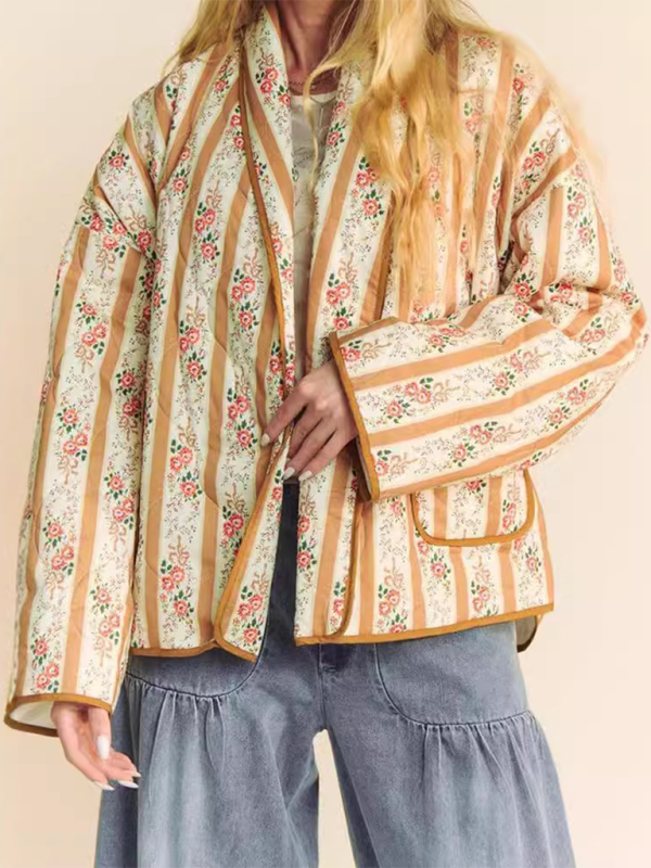 Artistic Floral Quilted Shawl Jacket Boho Throw-On	