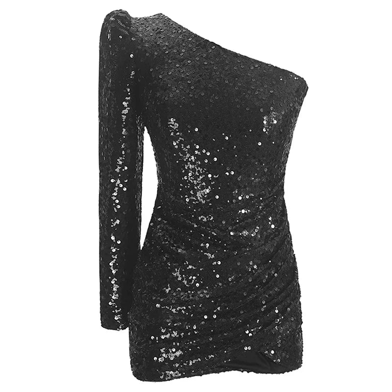 Glamorous One-Shoulder Sequined Bodycon Dress Bodycon Mini | Chuzko.com