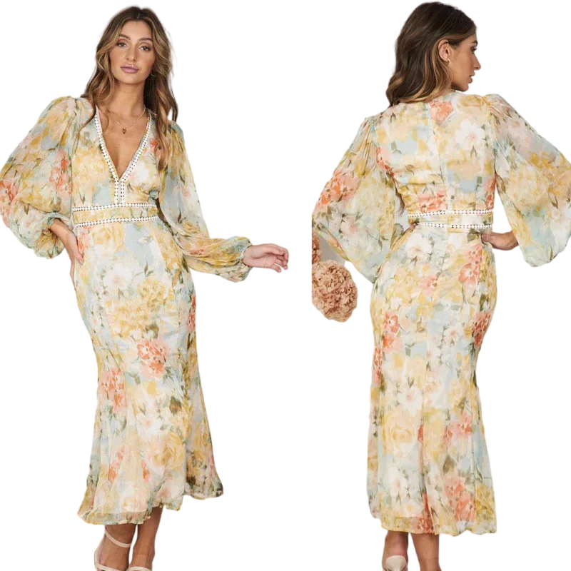 Pastel Floral Print Midi Dress with Embellished Trim Midi Dresses | Chuzko.com