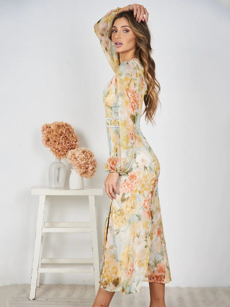 Pastel Floral Print Midi Dress with Embellished Trim Midi Dresses | Chuzko.com