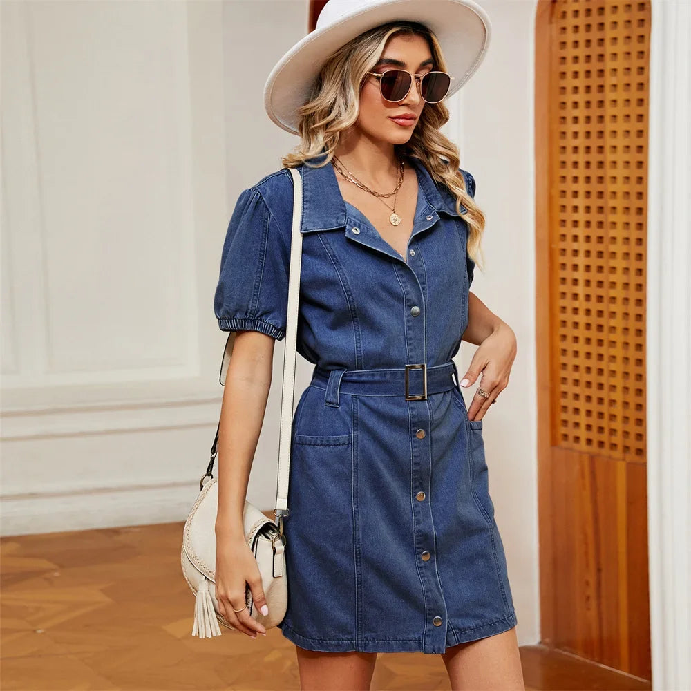 Belted Denim Mini Dress Denim Mini Dresses | Chuzko.com