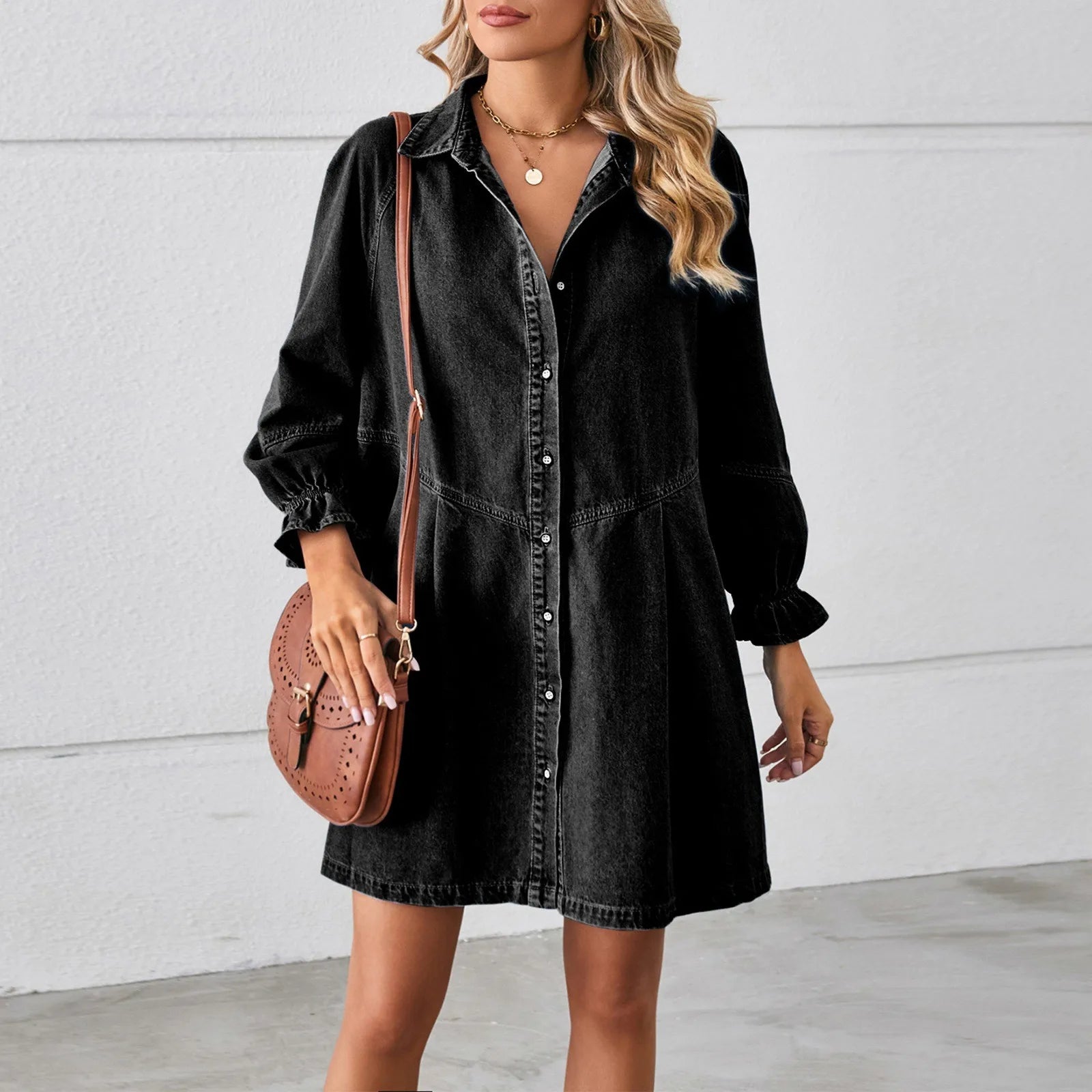 Breezy Bishop Sleeve Denim Mini Dress– Ideal for Weekend Wear | Chuzko.com