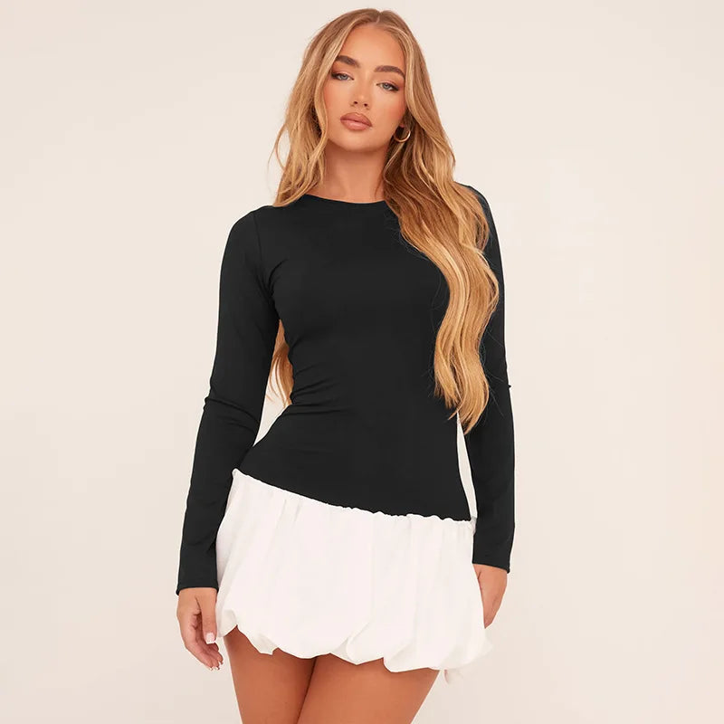 Long Sleeve A-line Bi-Color Mini Dress Mini Dresses | Chuzko.com