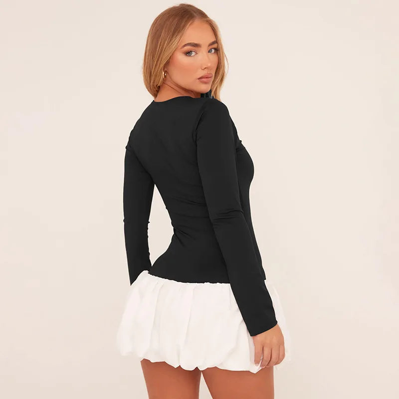 Long Sleeve A-line Bi-Color Mini Dress Mini Dresses | Chuzko.com