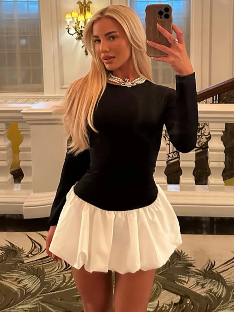 Long Sleeve A-line Bi-Color Mini Dress	