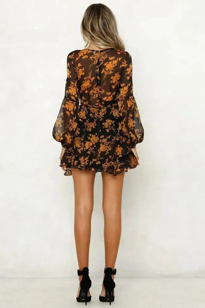 Floral V-Neck Long Sleeve Mini Dress - Sheer Elegance Mini | Chuzko.com