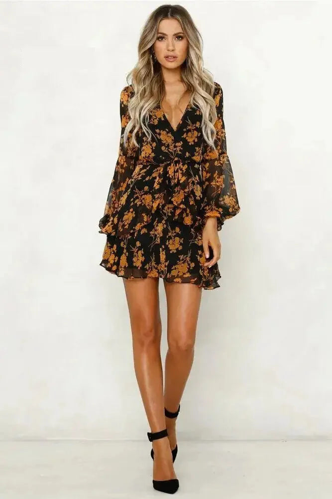 Floral V-Neck Long Sleeve Mini Dress - Sheer Elegance Mini | Chuzko.com