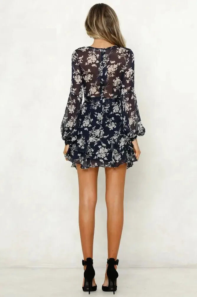 Floral V-Neck Long Sleeve Mini Dress - Sheer Elegance Mini | Chuzko.com