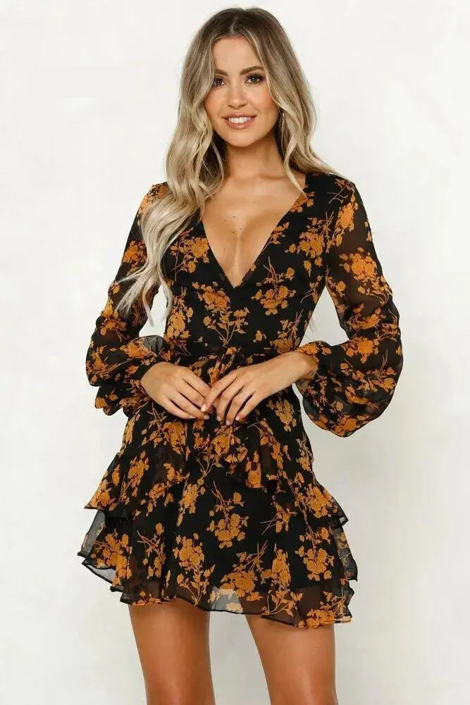 Floral V-Neck Long Sleeve Mini Dress - Sheer Elegance Mini | Chuzko.com