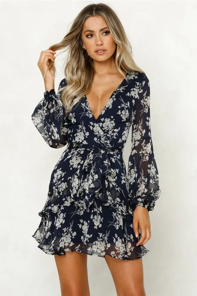 Floral V-Neck Long Sleeve Mini Dress - Sheer Elegance Mini | Chuzko.com