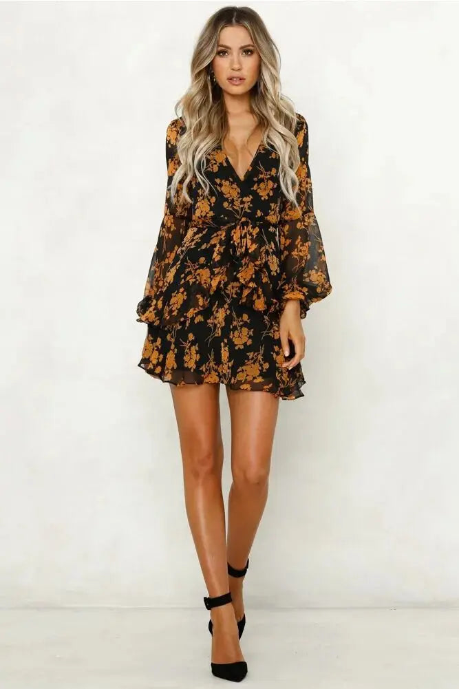 Floral V-Neck Long Sleeve Mini Dress - Sheer Elegance Mini | Chuzko.com