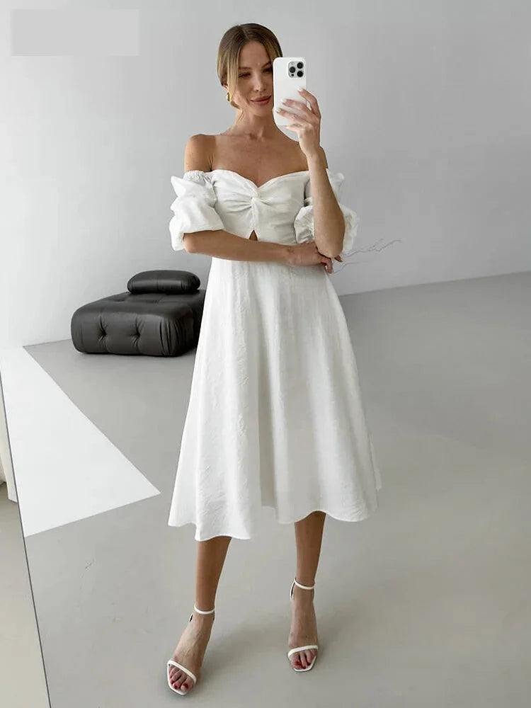 Puff Sleeve Off Shoulder Midi Dress on Textured Fabric	