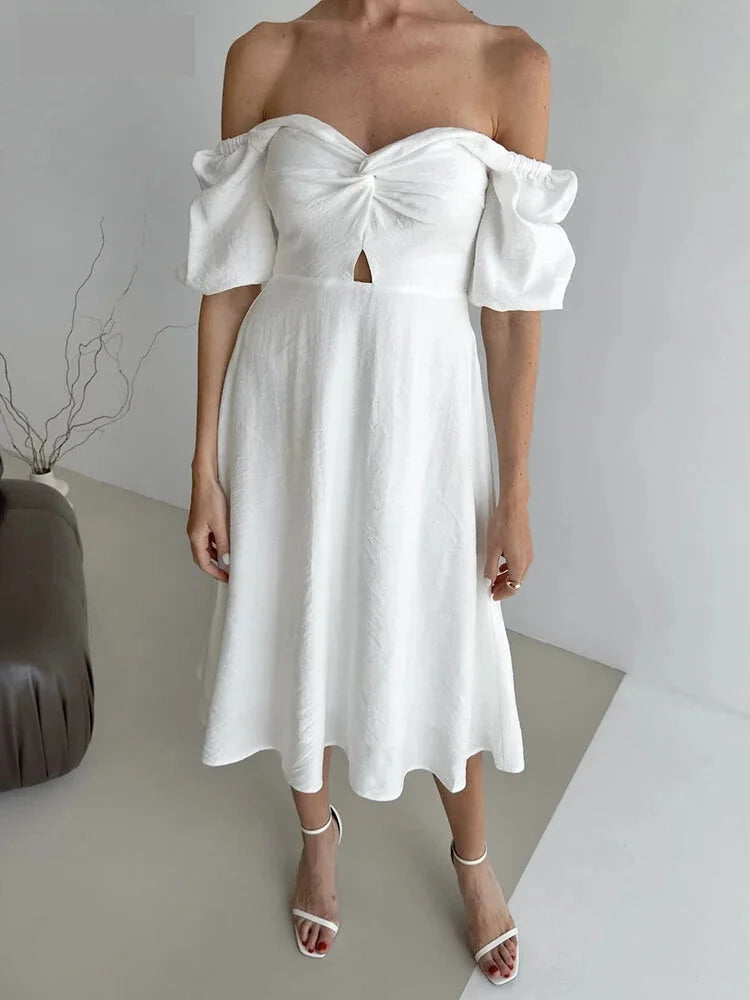 Puff Sleeve Off Shoulder Midi Dress on Textured Fabric Midi | Chuzko.com