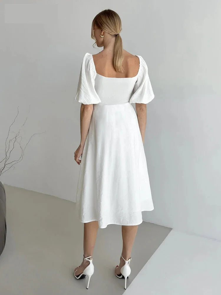 Puff Sleeve Off Shoulder Midi Dress on Textured Fabric Midi | Chuzko.com