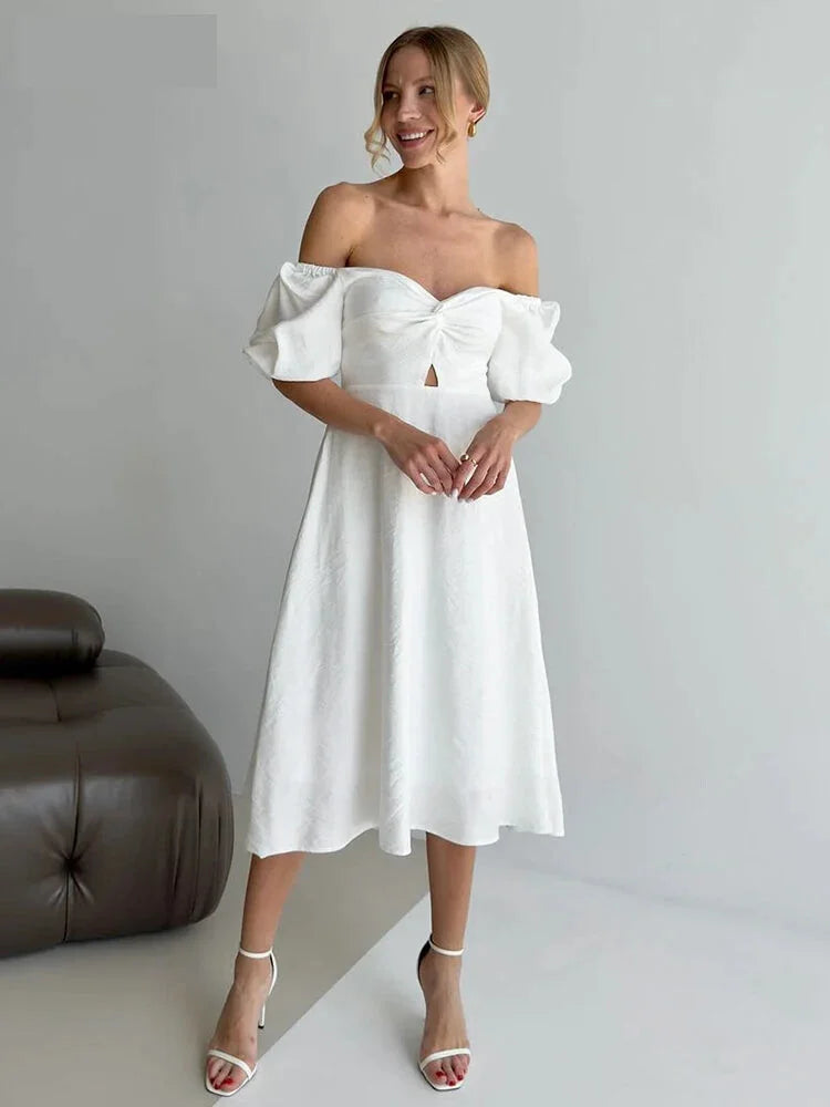 Puff Sleeve Off Shoulder Midi Dress on Textured Fabric Midi | Chuzko.com