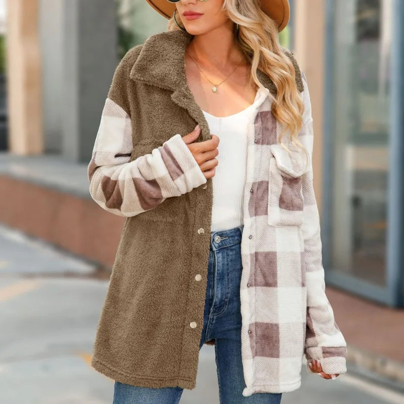 Button-Up Plush and Plaid Shacket Women Shackets | Chuzko.com