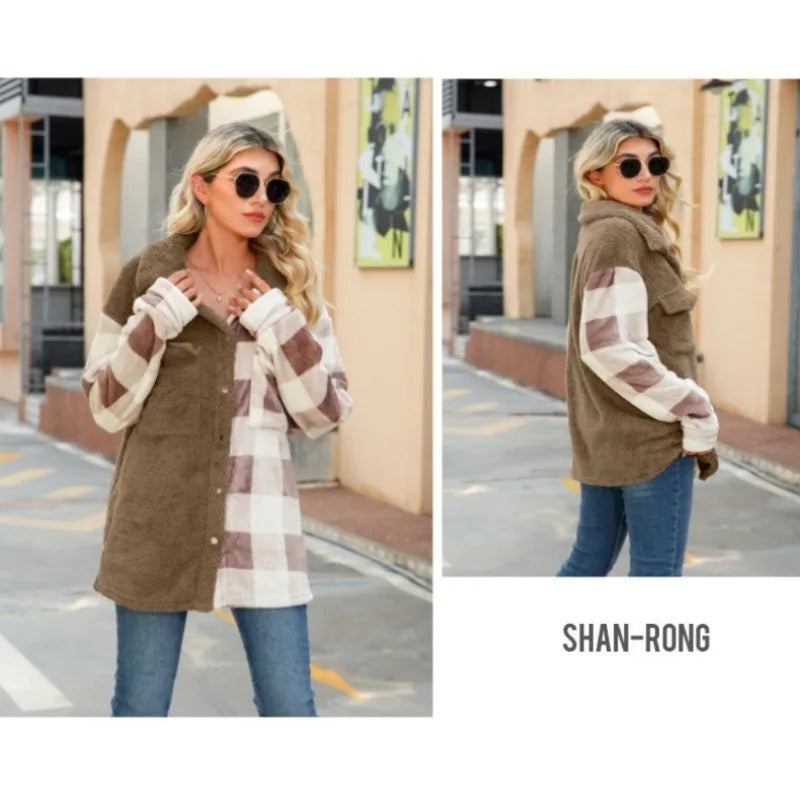 Button-Up Plush and Plaid Shacket Women Shackets | Chuzko.com