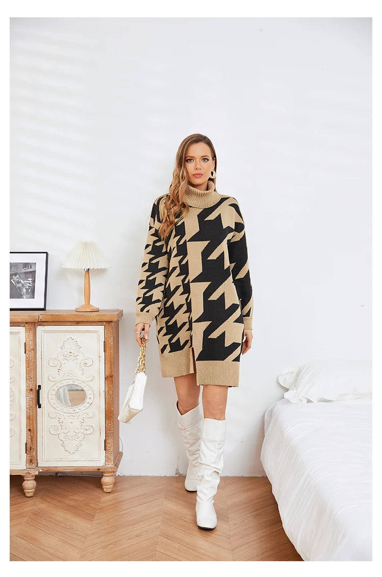 Houndstooth Turtleneck Midi Longline Sweater Dress Sweater | Chuzko.com