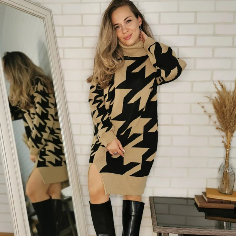 Houndstooth Turtleneck Midi Longline Sweater Dress Sweater | Chuzko.com