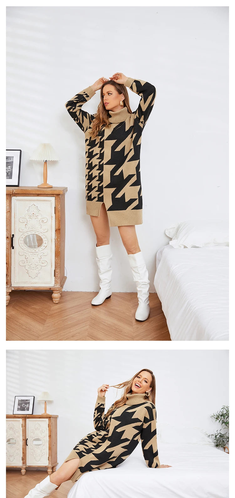 Houndstooth Turtleneck Midi Longline Sweater Dress Sweater | Chuzko.com