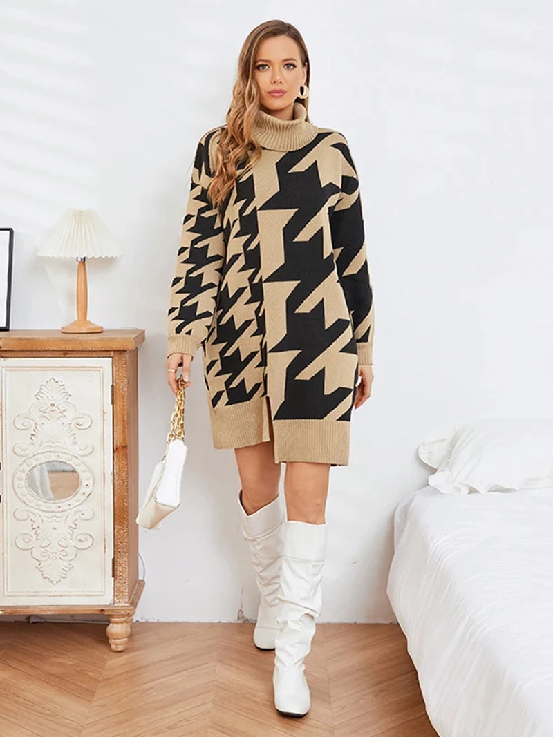 Houndstooth Turtleneck Midi Longline Sweater Dress Sweater | Chuzko.com