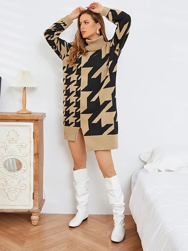 Houndstooth Turtleneck Midi Longline Sweater Dress Sweater | Chuzko.com