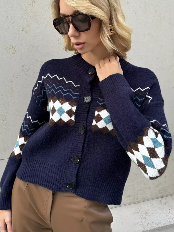 Argyle Check Knit Cropped Cardigan Cardigans | Chuzko.com