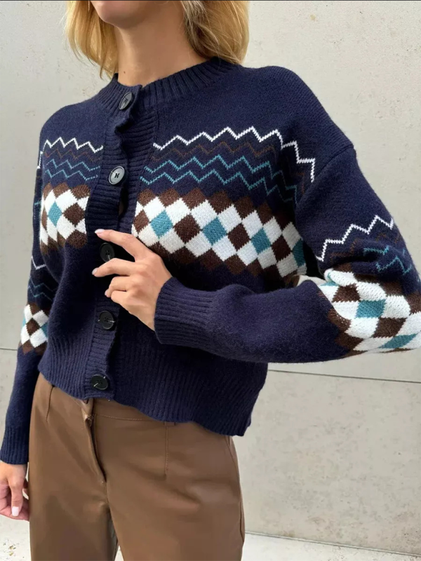 Argyle Check Knit Cropped Cardigan Cardigans | Chuzko.com