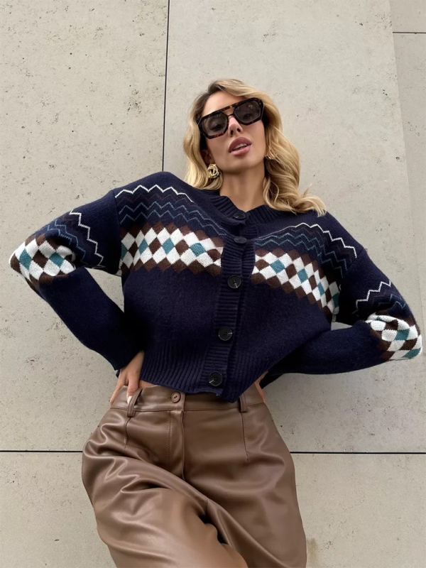 Argyle Check Knit Cropped Cardigan Cardigans | Chuzko.com