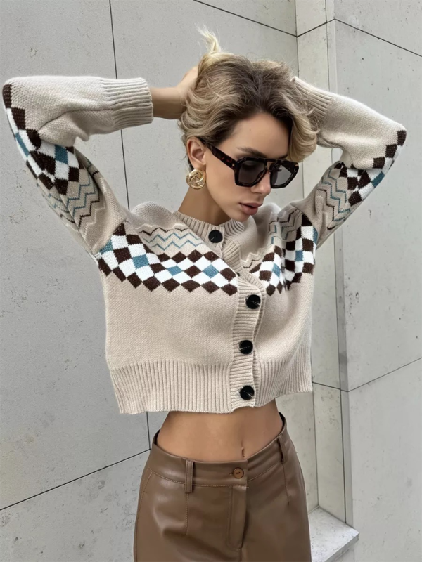 Argyle Check Knit Cropped Cardigan Cardigans | Chuzko.com