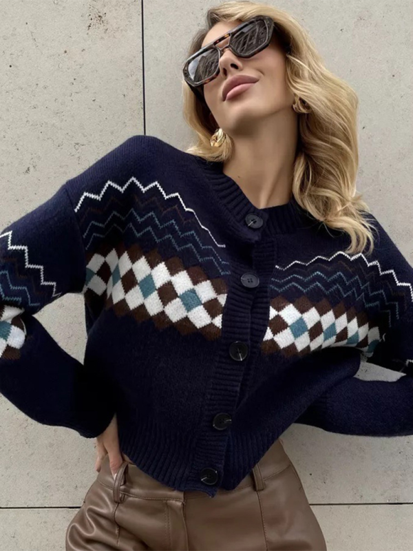 Argyle Check Knit Cropped Cardigan Cardigans | Chuzko.com