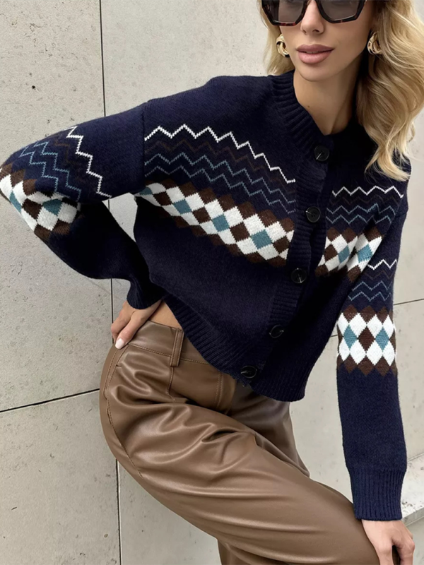 Argyle Check Knit Cropped Cardigan Cardigans | Chuzko.com