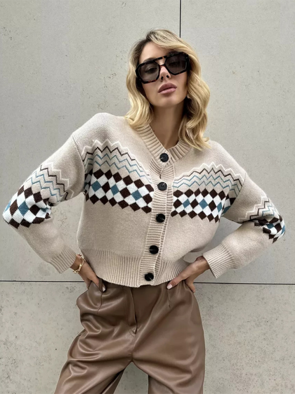 Argyle Check Knit Cropped Cardigan Cardigans | Chuzko.com