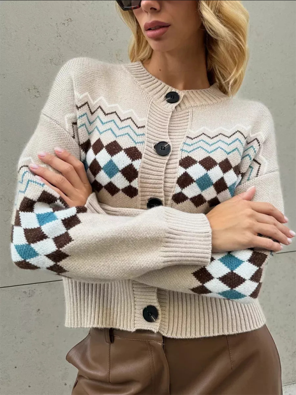 Argyle Check Knit Cropped Cardigan	